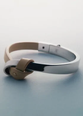 Bracelet Ormé Edition en argent rhodié avec cuir taupe
