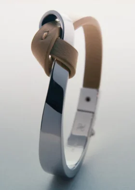 Bracelet Ormé Edition en argent rhodié avec cuir taupe